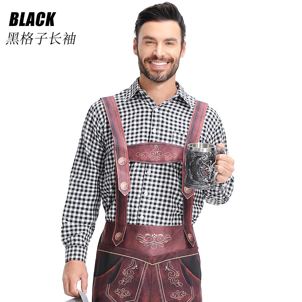 Traditional German Oktoberfest attire for adult men: checkered Munich beer uniform, beer overalls.