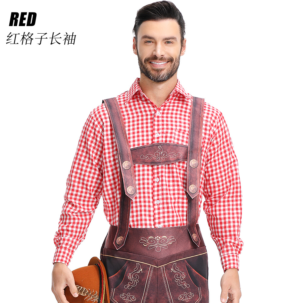 Traditional German Oktoberfest attire for adult men: checkered Munich beer uniform, beer overalls.