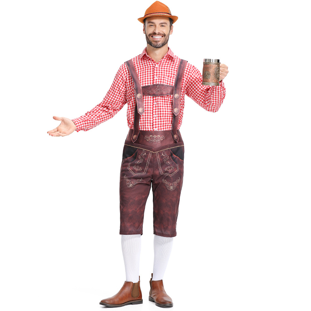 Traditional German Oktoberfest attire for adult men: checkered Munich beer uniform, beer overalls.