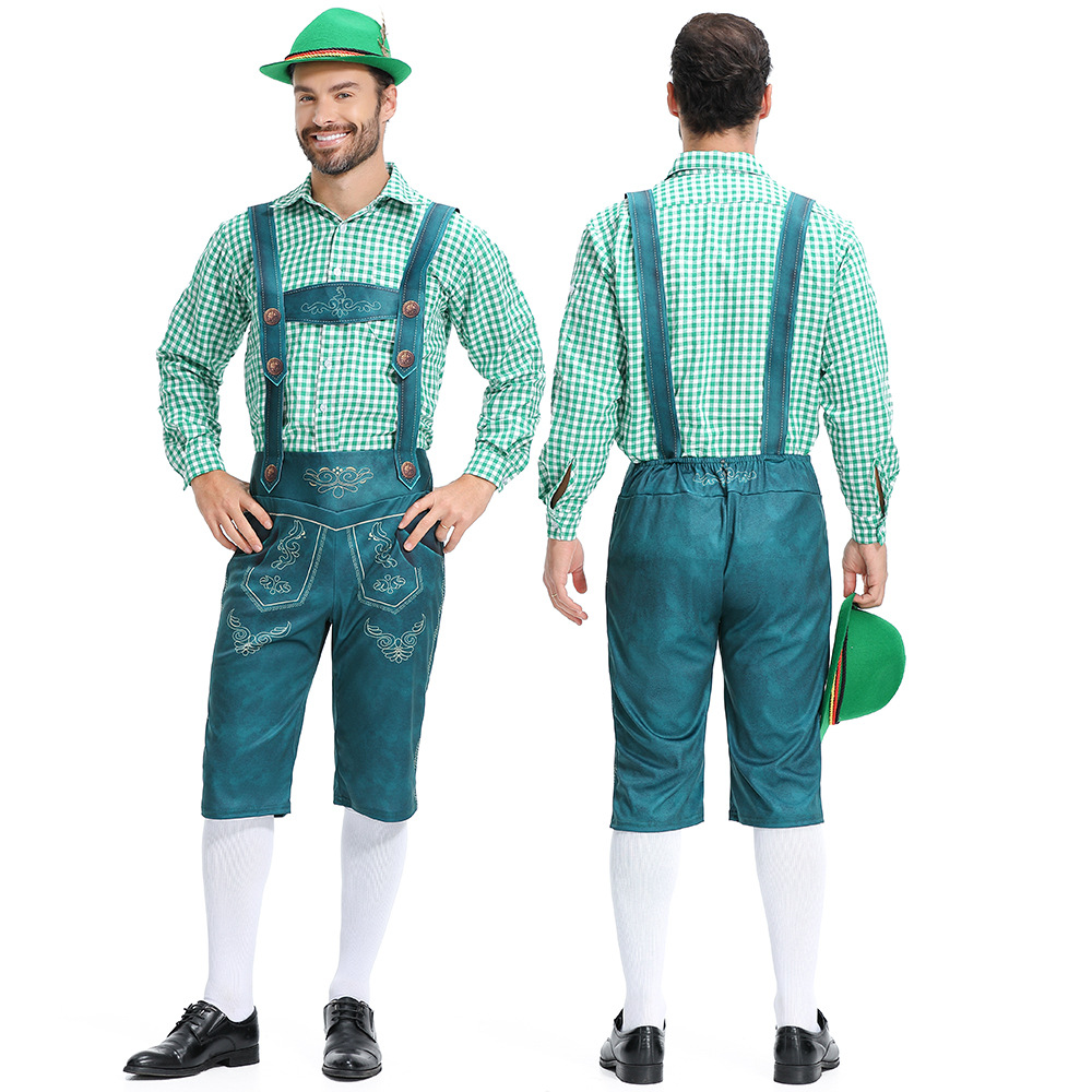 Traditional German Oktoberfest attire for adult men: checkered Munich beer uniform, beer overalls.
