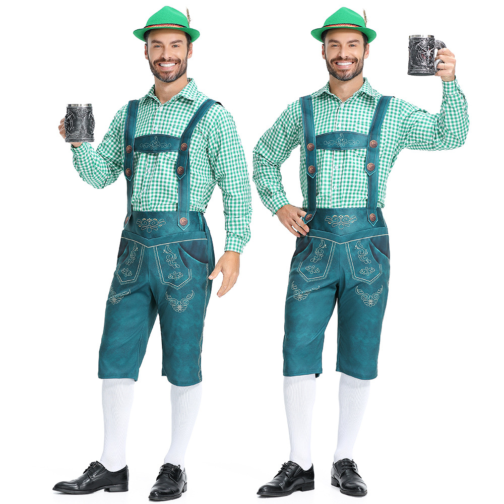 Traditional German Oktoberfest attire for adult men: checkered Munich beer uniform, beer overalls.