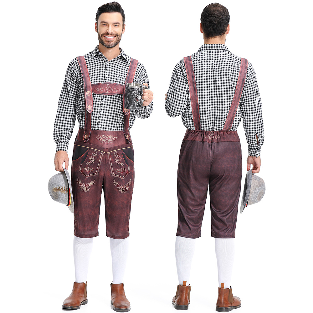 Traditional German Oktoberfest attire for adult men: checkered Munich beer uniform, beer overalls.