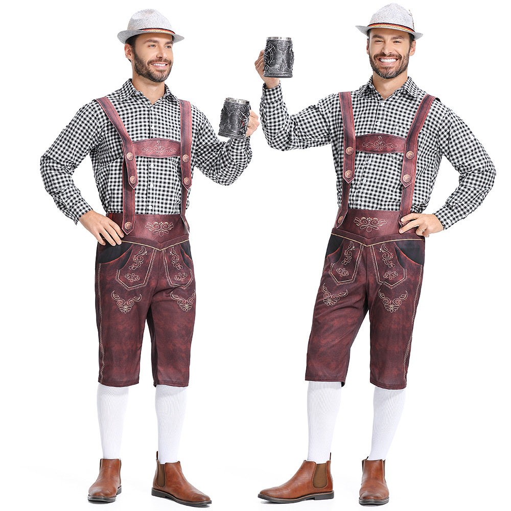 Traditional German Oktoberfest attire for adult men: checkered Munich beer uniform, beer overalls.