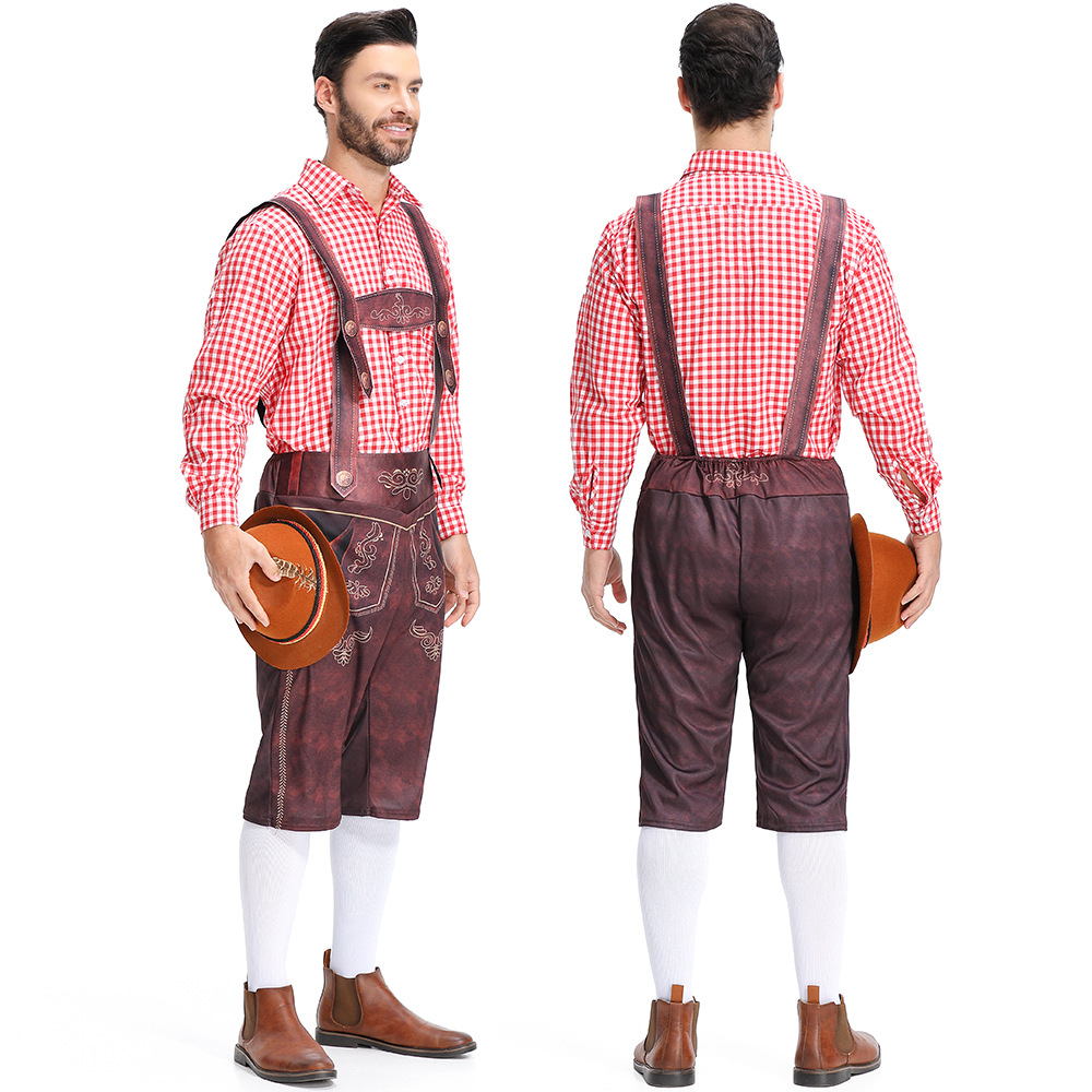 Traditional German Oktoberfest attire for adult men: checkered Munich beer uniform, beer overalls.