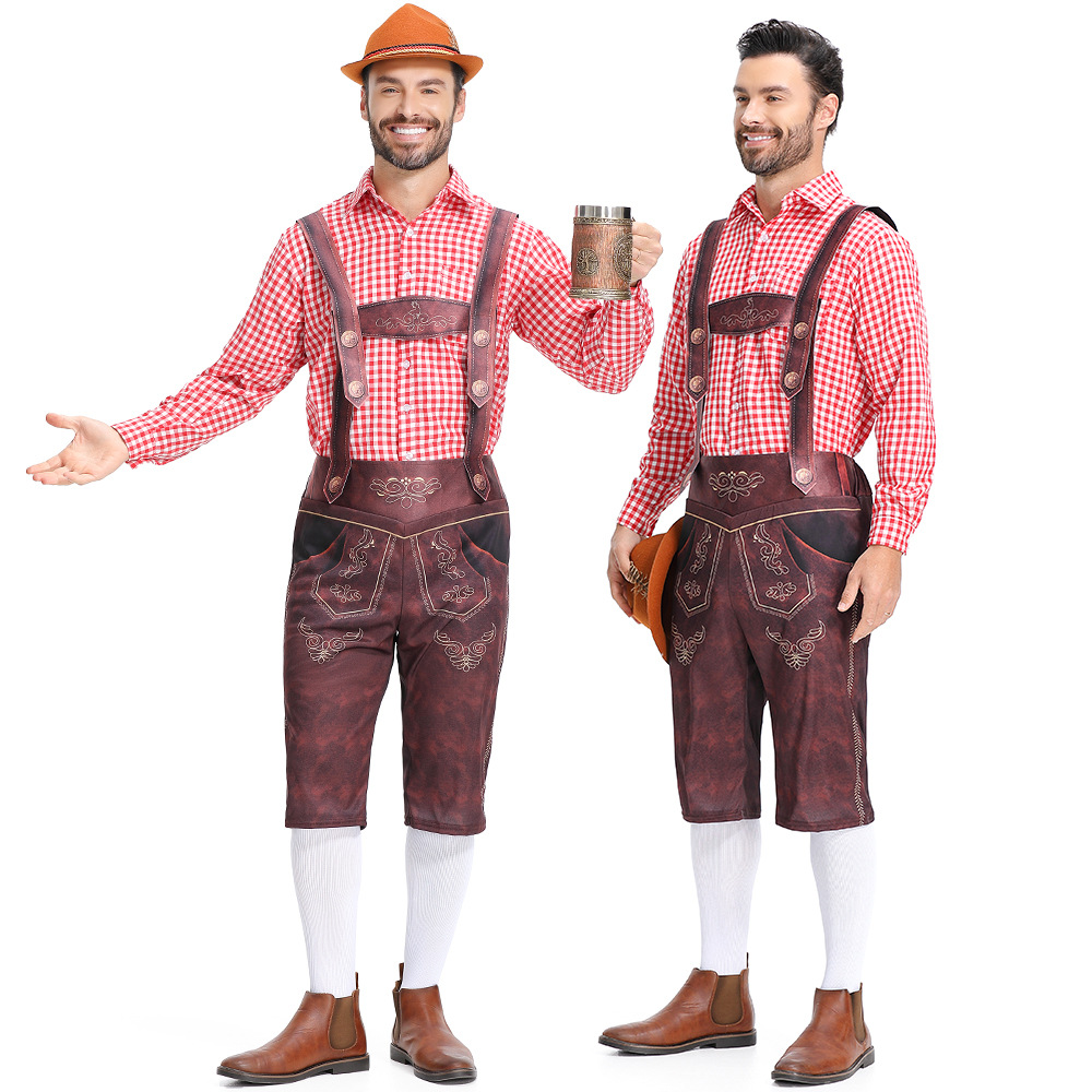 Traditional German Oktoberfest attire for adult men: checkered Munich beer uniform, beer overalls.
