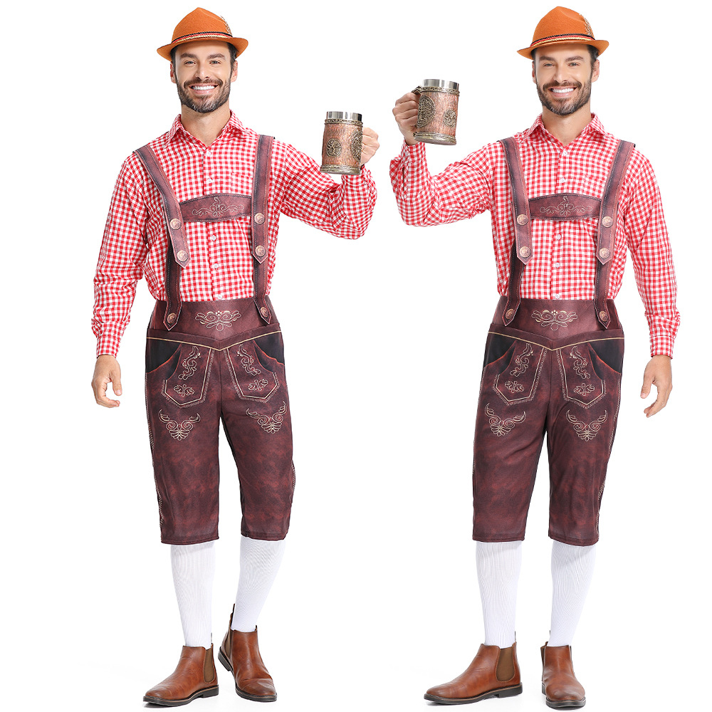 Traditional German Oktoberfest attire for adult men: checkered Munich beer uniform, beer overalls.