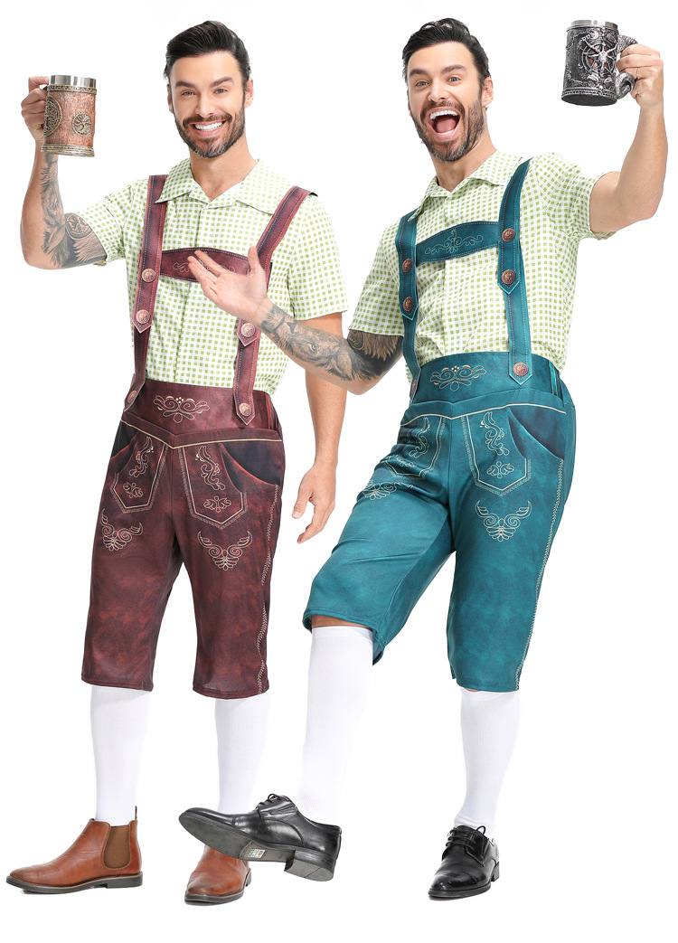 Traditional German Oktoberfest attire for adult men: checkered Munich beer uniform, beer overalls.