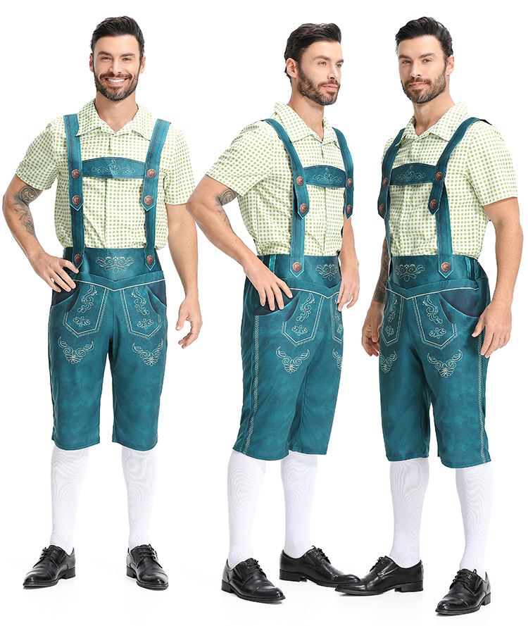 Traditional German Oktoberfest attire for adult men: checkered Munich beer uniform, beer overalls.