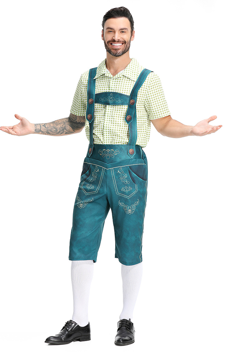 Traditional German Oktoberfest attire for adult men: checkered Munich beer uniform, beer overalls.