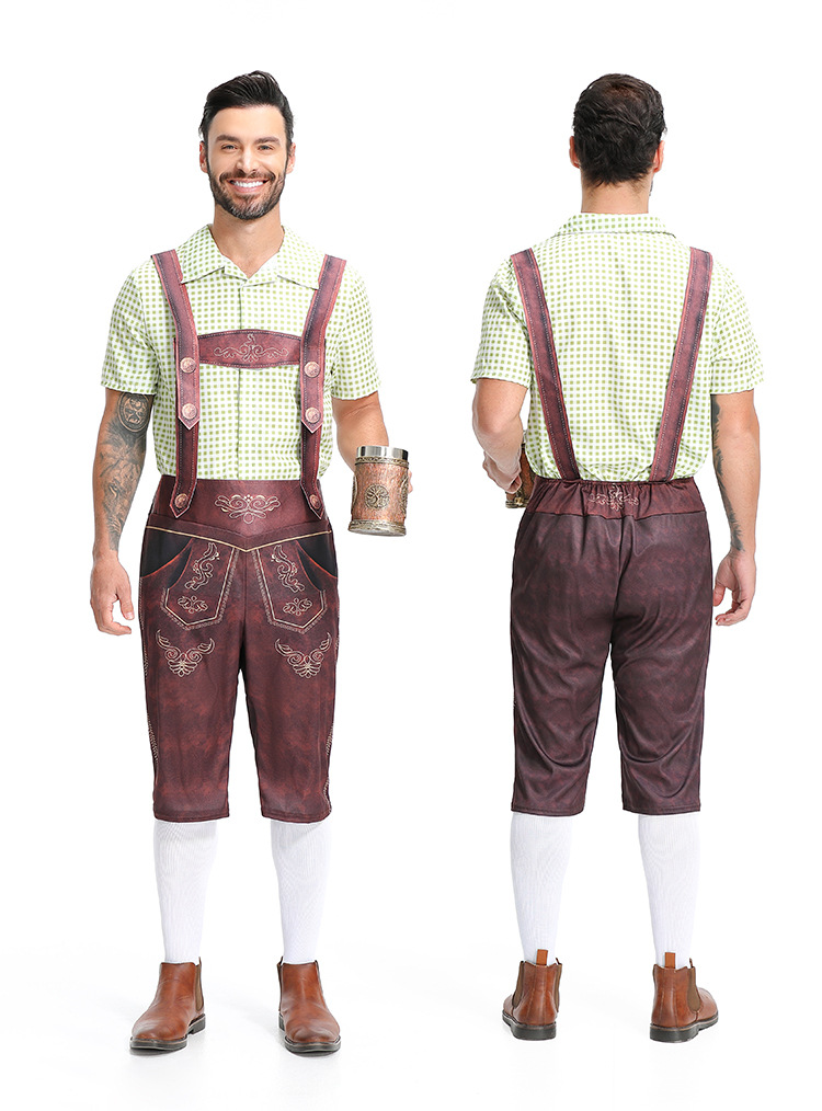 Traditional German Oktoberfest attire for adult men: checkered Munich beer uniform, beer overalls.