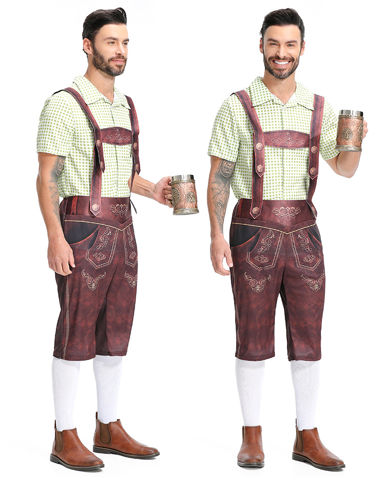 Traditional German Oktoberfest attire for adult men: checkered Munich beer uniform, beer overalls.