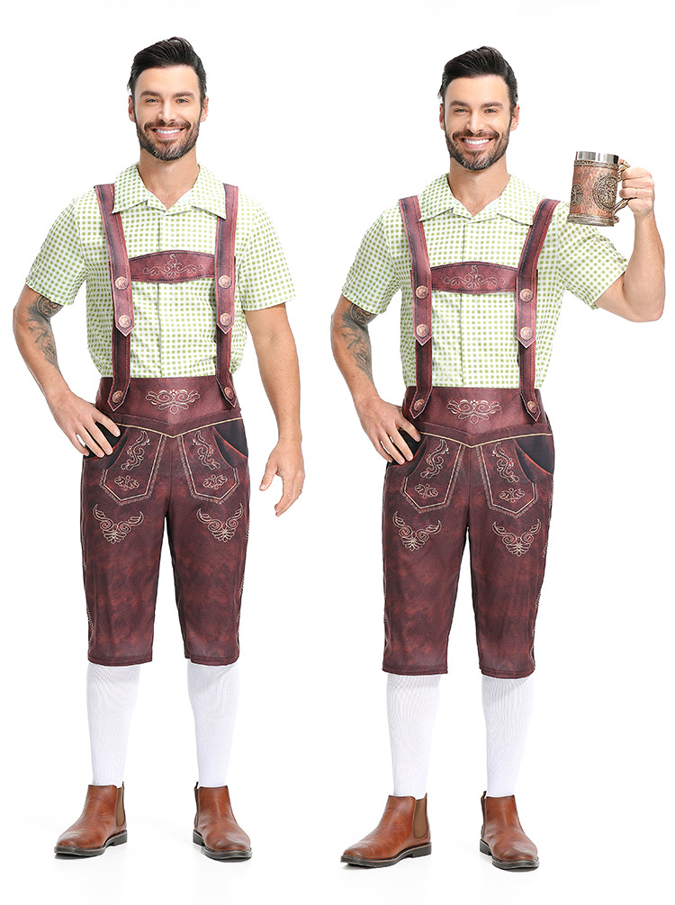 Traditional German Oktoberfest attire for adult men: checkered Munich beer uniform, beer overalls.