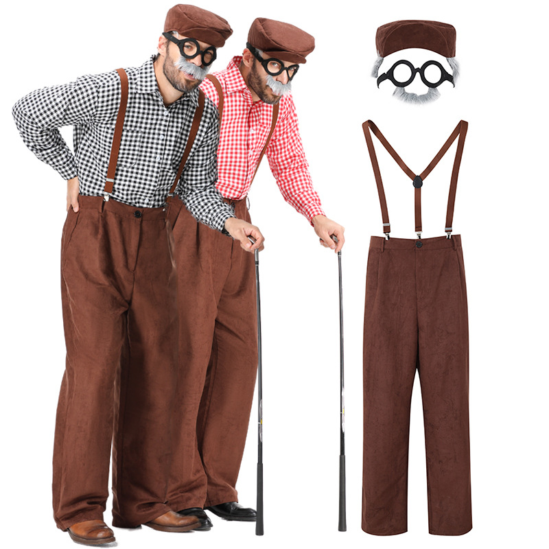 New adult plaid overalls for centenarians, Halloween costume.