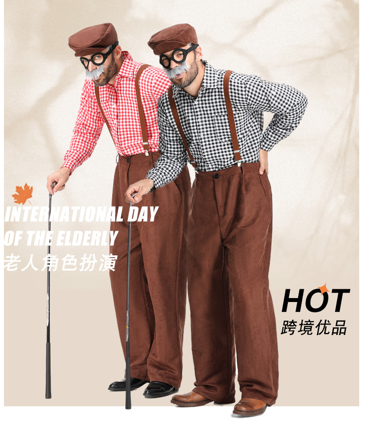 New adult plaid overalls for centenarians, Halloween costume.