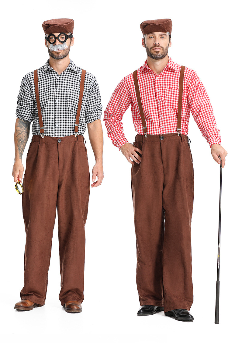 New adult plaid overalls for centenarians, Halloween costume.