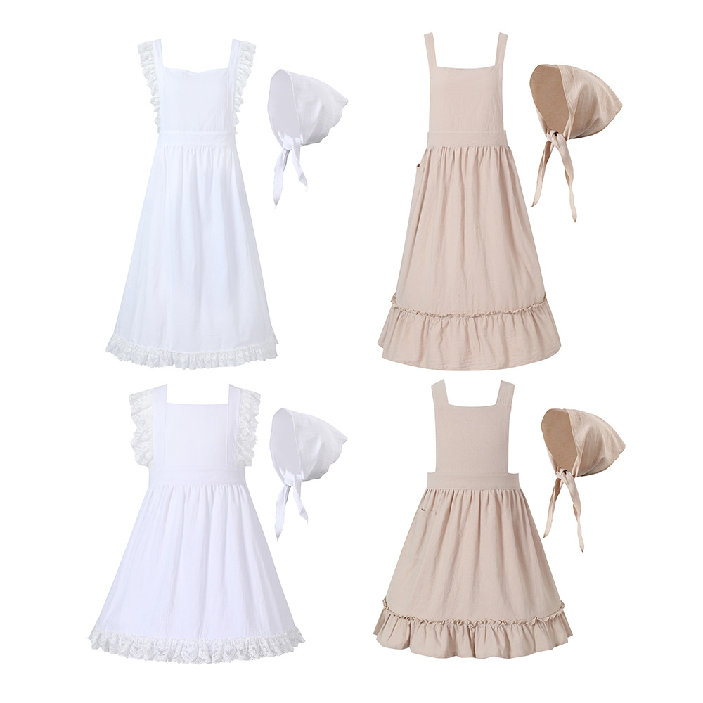 French pastoral style, artistic cotton and linen retro apron with headscarf, florist lace solid color ruffled maid apron