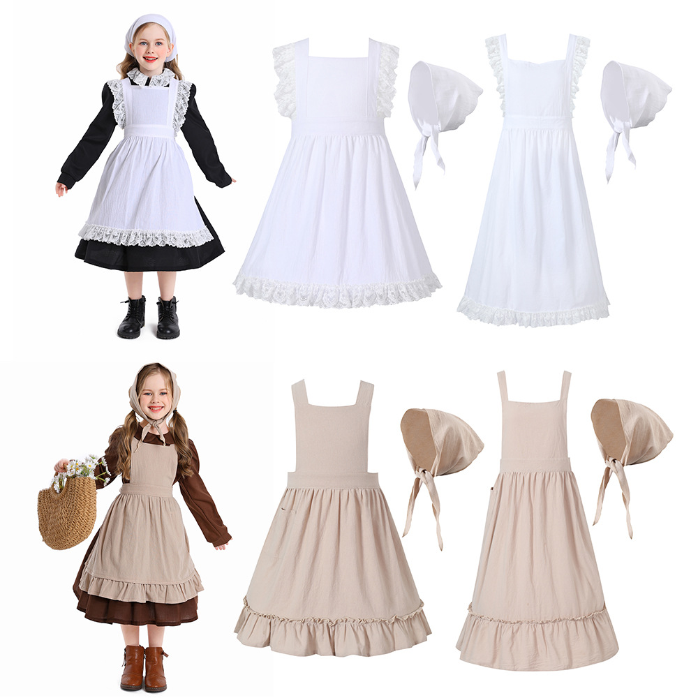 French pastoral style, artistic cotton and linen retro apron with headscarf, florist lace solid color ruffled maid apron