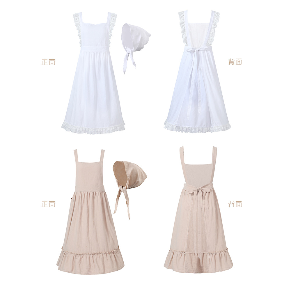French pastoral style, artistic cotton and linen retro apron with headscarf, florist lace solid color ruffled maid apron