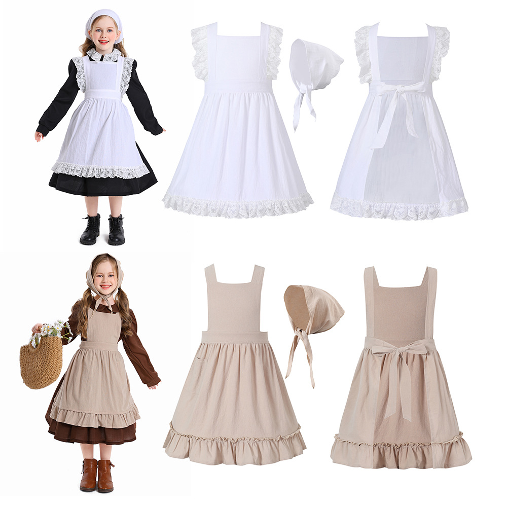 French pastoral style, artistic cotton and linen retro apron with headscarf, florist lace solid color ruffled maid apron