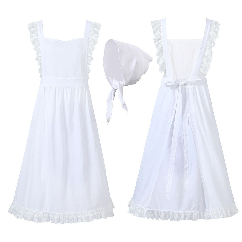 French pastoral style, artistic cotton and linen retro apron with headscarf, florist lace solid color ruffled maid apron