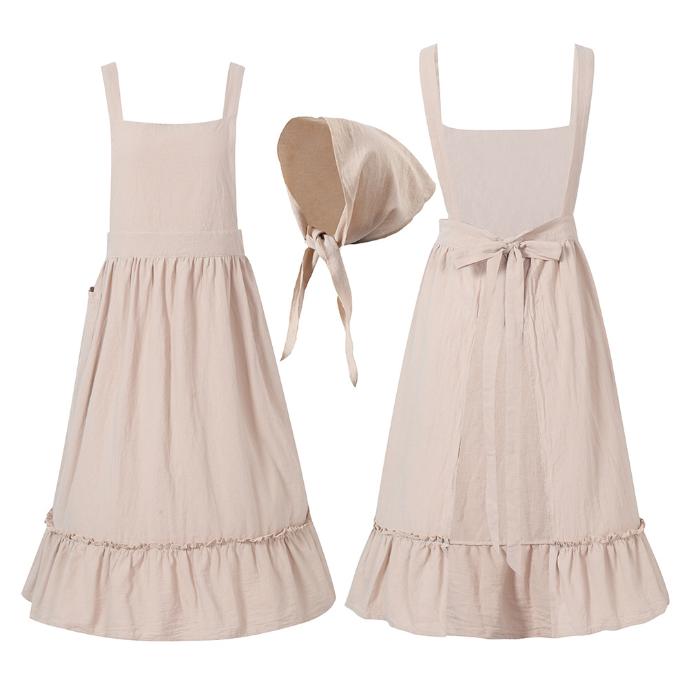 French pastoral style, artistic cotton and linen retro apron with headscarf, florist lace solid color ruffled maid apron