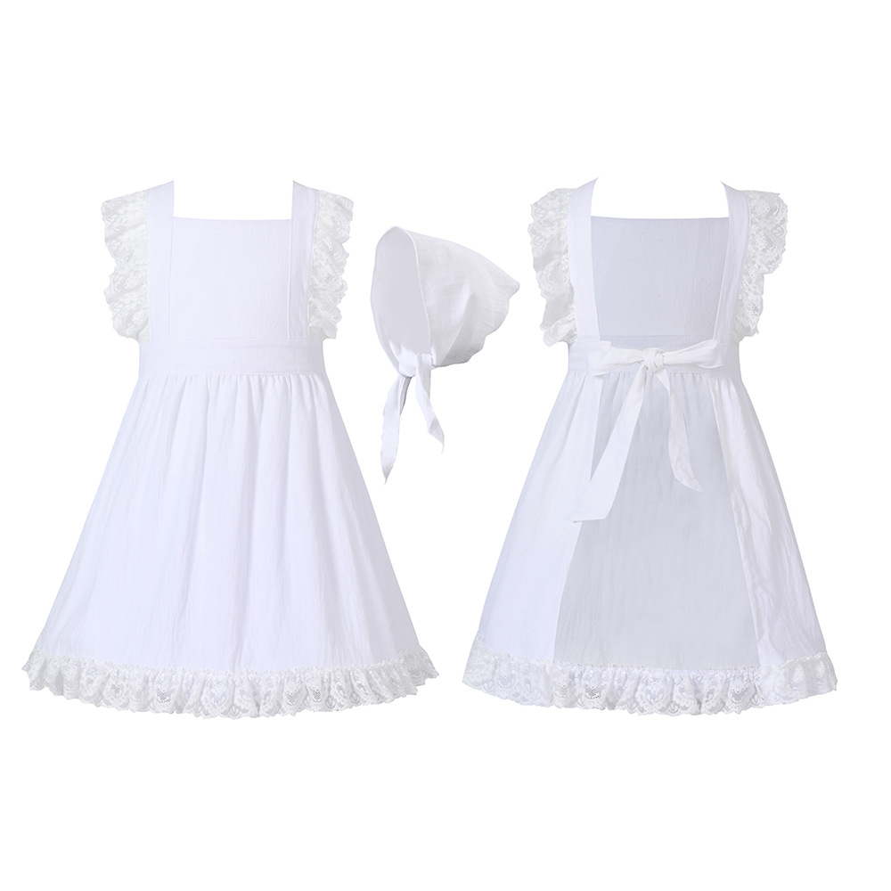 French pastoral style, artistic cotton and linen retro apron with headscarf, florist lace solid color ruffled maid apron
