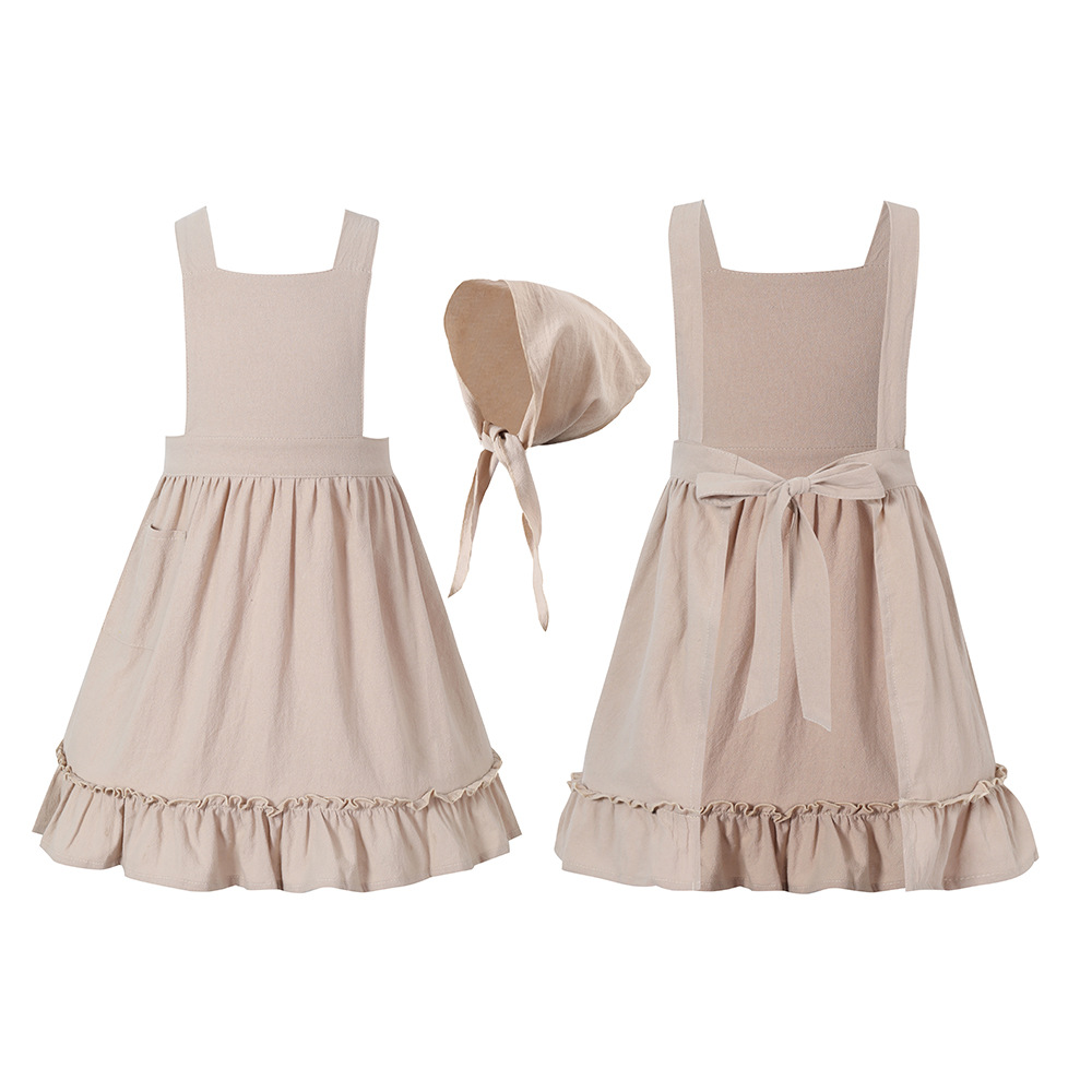 French pastoral style, artistic cotton and linen retro apron with headscarf, florist lace solid color ruffled maid apron