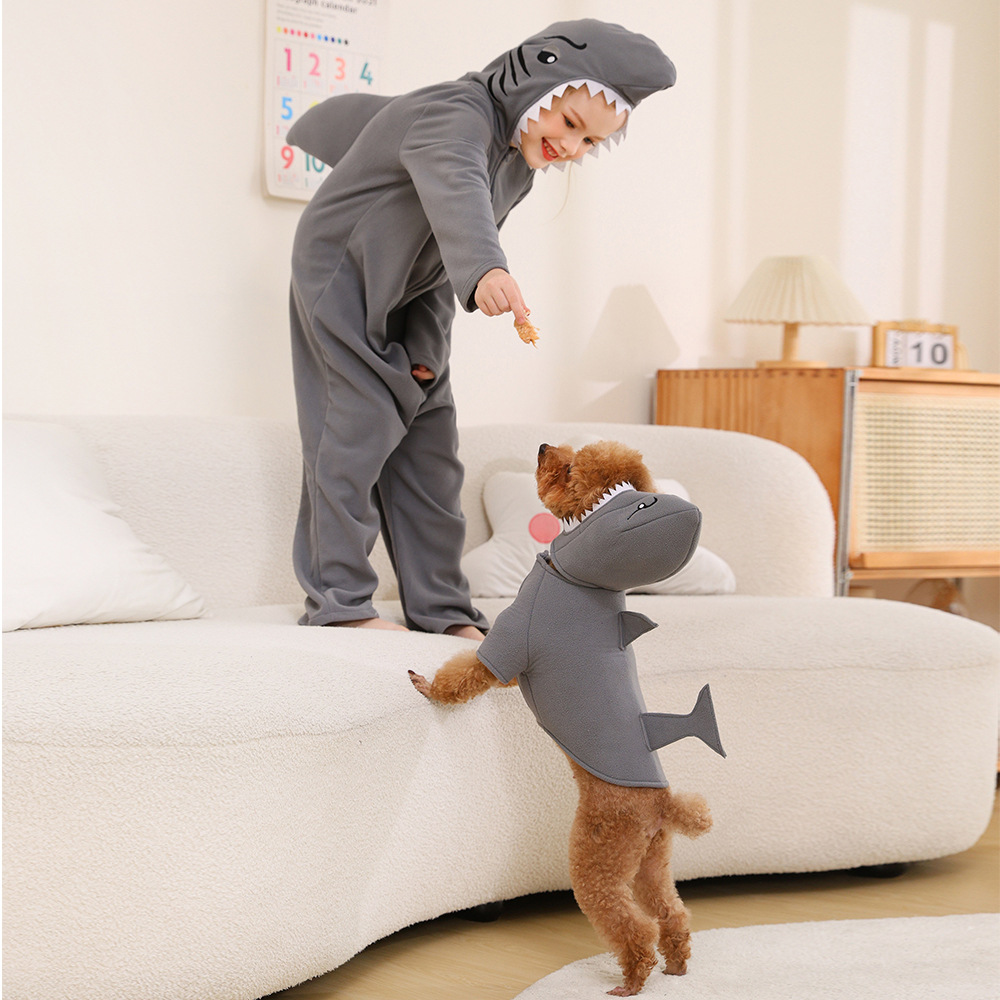Children's shark onesie pajamas, matching pet dog outfit, fleece parent-child animal loungewear cosplay set