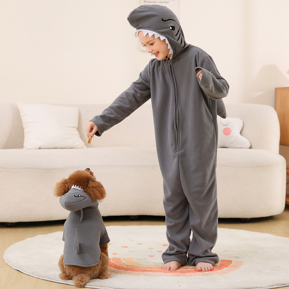 Children's shark onesie pajamas, matching pet dog outfit, fleece parent-child animal loungewear cosplay set
