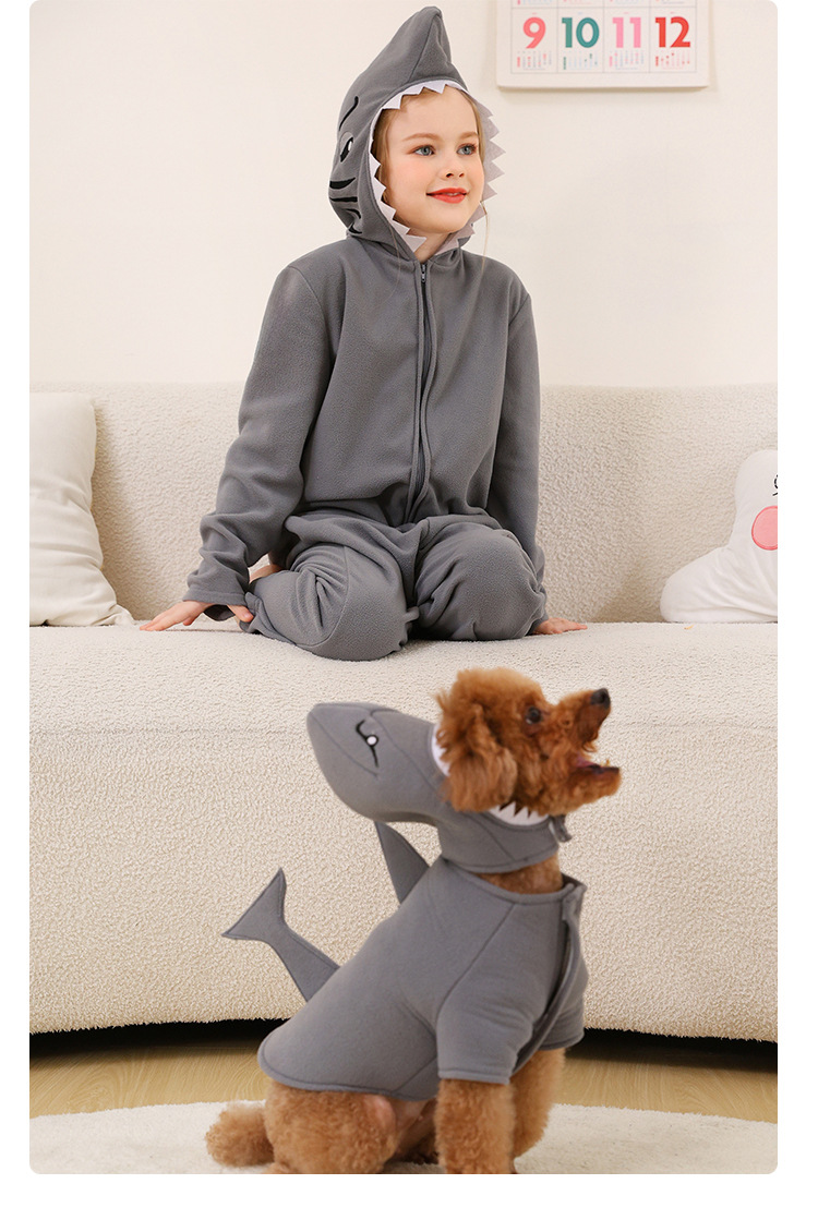 Children's shark onesie pajamas, matching pet dog outfit, fleece parent-child animal loungewear cosplay set