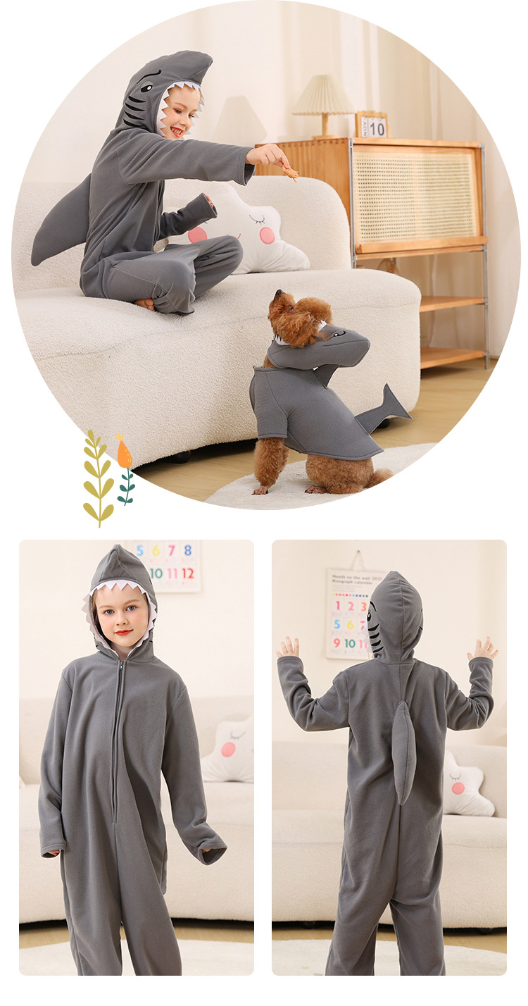Children's shark onesie pajamas, matching pet dog outfit, fleece parent-child animal loungewear cosplay set