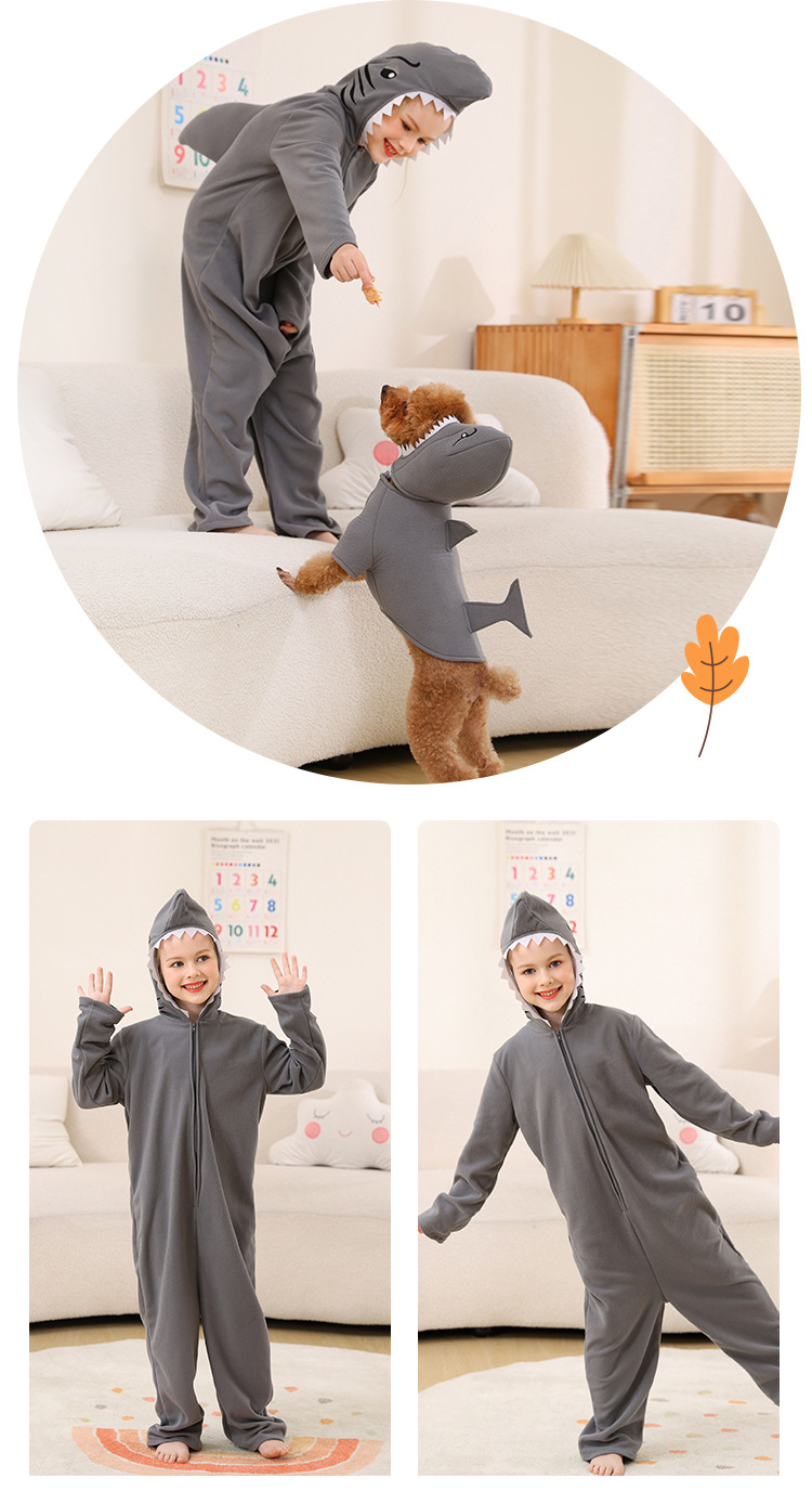 Children's shark onesie pajamas, matching pet dog outfit, fleece parent-child animal loungewear cosplay set