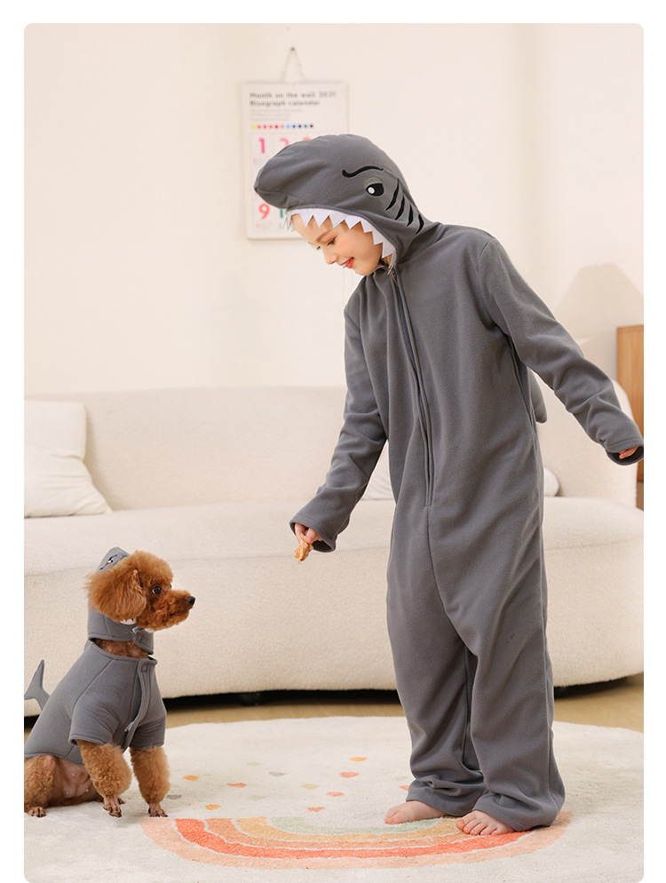 Children's shark onesie pajamas, matching pet dog outfit, fleece parent-child animal loungewear cosplay set