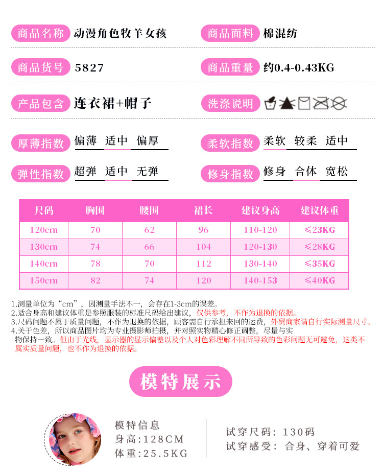 Halloween children's costume, June 1st cartoon character, pink polka dot princess cosplay performance costume, shepherdess