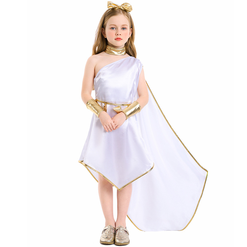 Halloween costume, Greek mythology goddess cosplay outfit, white off-shoulder dress, stage costume.