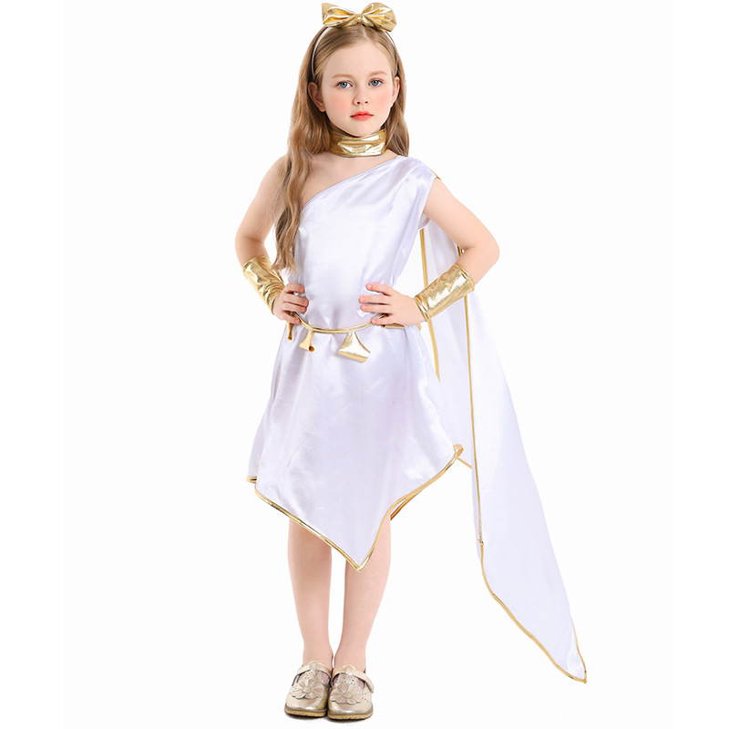 Halloween costume, Greek mythology goddess cosplay outfit, white off-shoulder dress, stage costume.