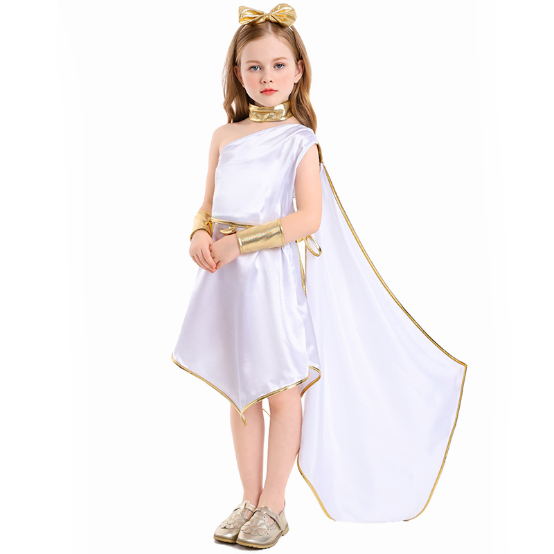 Halloween costume, Greek mythology goddess cosplay outfit, white off-shoulder dress, stage costume.