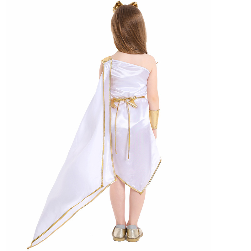 Halloween costume, Greek mythology goddess cosplay outfit, white off-shoulder dress, stage costume.