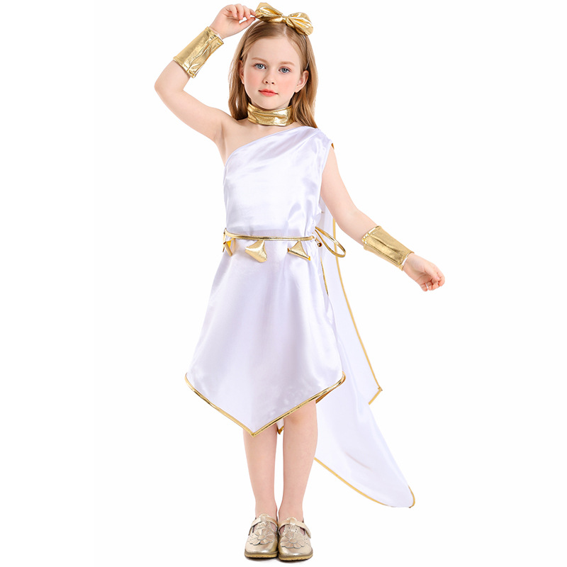 Halloween costume, Greek mythology goddess cosplay outfit, white off-shoulder dress, stage costume.