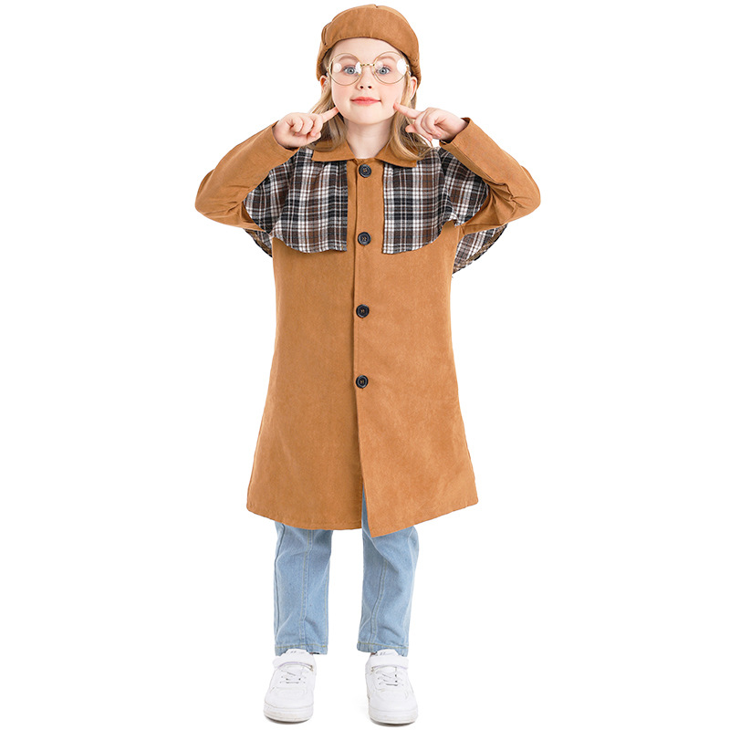 Girls' Retro Detective Cosplay Costume, Children's British Style Trench Coat Set, Book Day Theme Party Costume, Halloween Costume