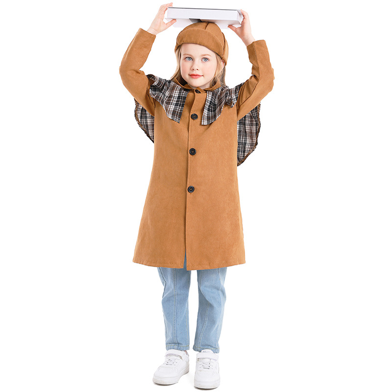 Girls' Retro Detective Cosplay Costume, Children's British Style Trench Coat Set, Book Day Theme Party Costume, Halloween Costume