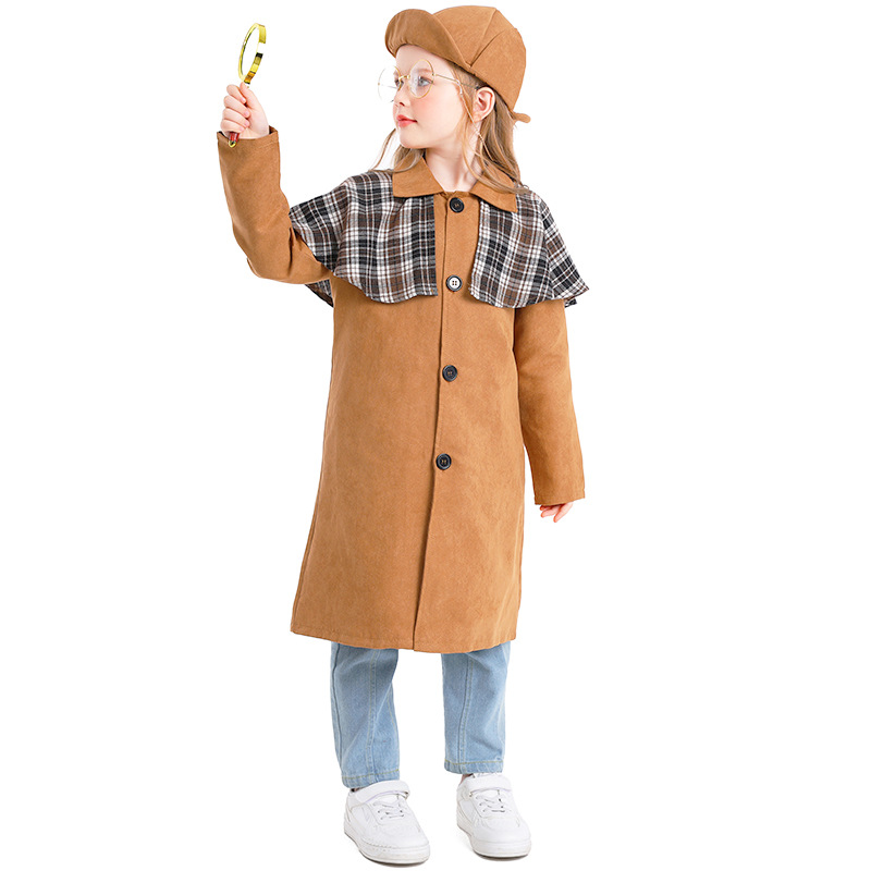 Girls' Retro Detective Cosplay Costume, Children's British Style Trench Coat Set, Book Day Theme Party Costume, Halloween Costume
