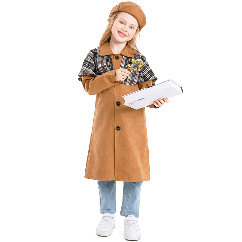 Girls' Retro Detective Cosplay Costume, Children's British Style Trench Coat Set, Book Day Theme Party Costume, Halloween Costume