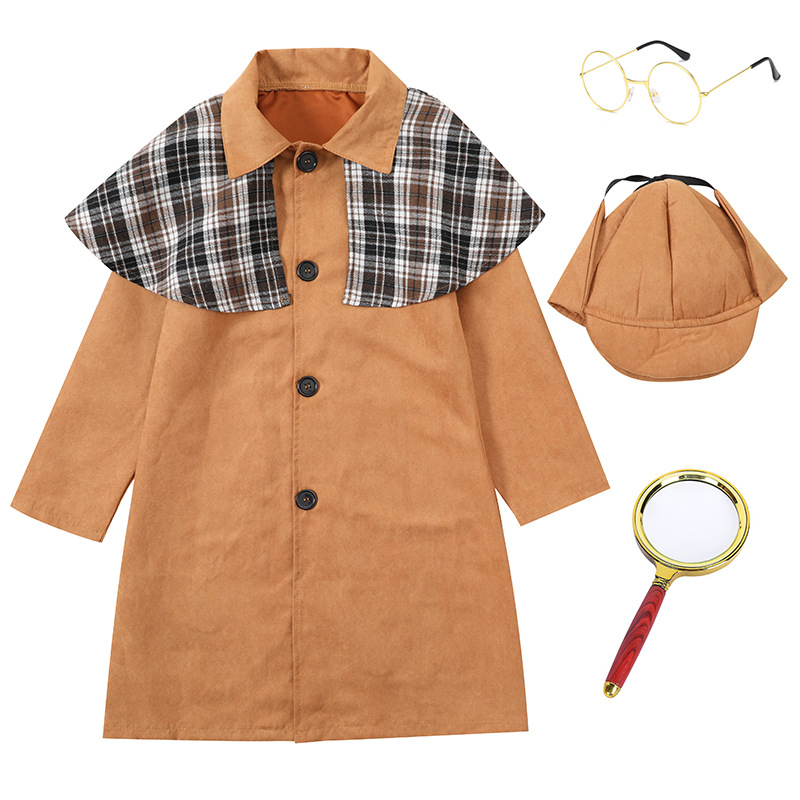 Girls' Retro Detective Cosplay Costume, Children's British Style Trench Coat Set, Book Day Theme Party Costume, Halloween Costume