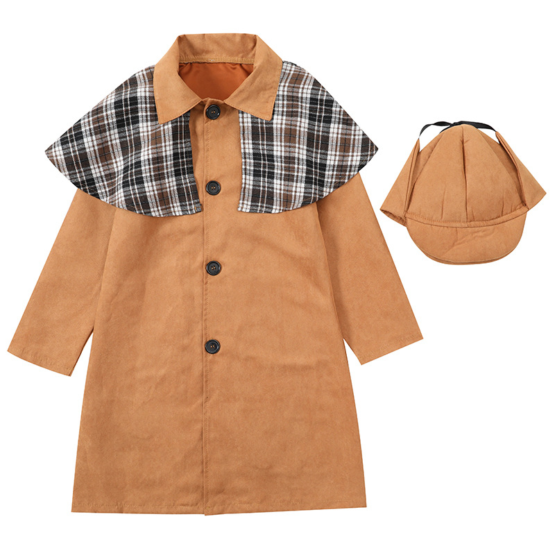 Girls' Retro Detective Cosplay Costume, Children's British Style Trench Coat Set, Book Day Theme Party Costume, Halloween Costume