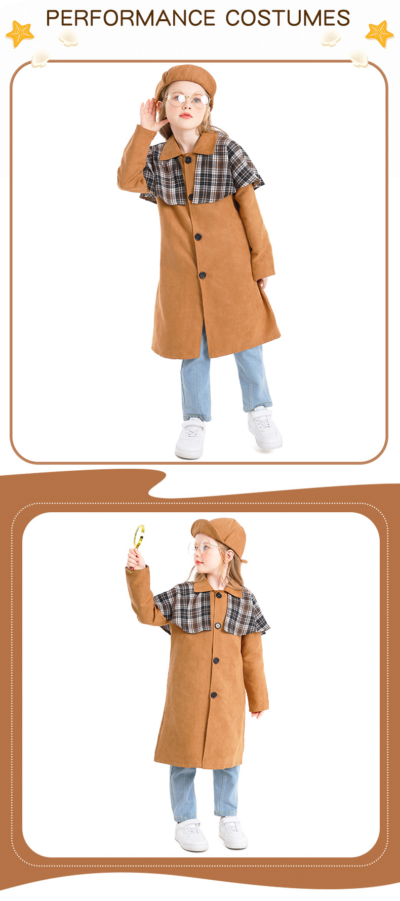 Girls' Retro Detective Cosplay Costume, Children's British Style Trench Coat Set, Book Day Theme Party Costume, Halloween Costume