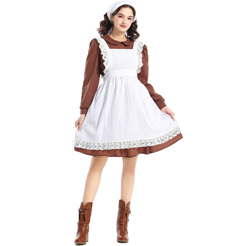 Halloween Costume Adult Women's French Manor Maid New Brown Retro Peter Pan Collar Maid Outfit