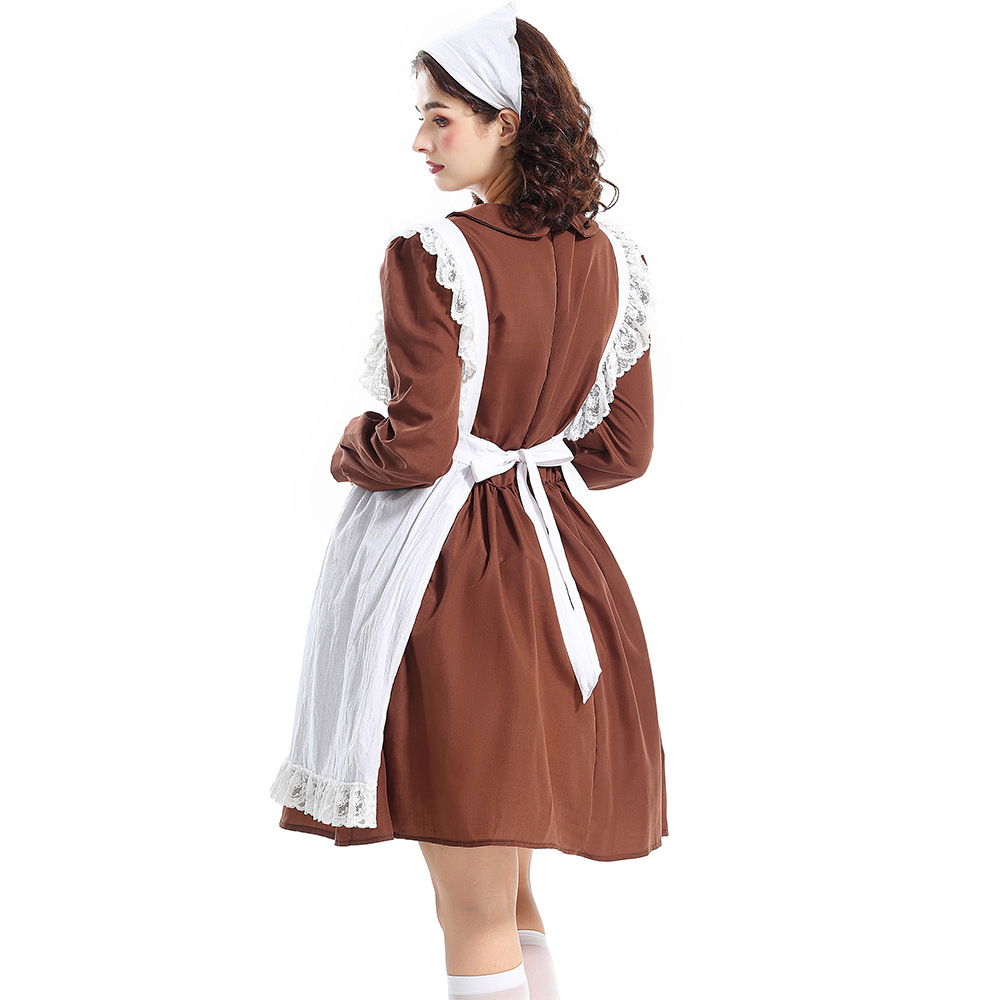 Halloween Costume Adult Women's French Manor Maid New Brown Retro Peter Pan Collar Maid Outfit