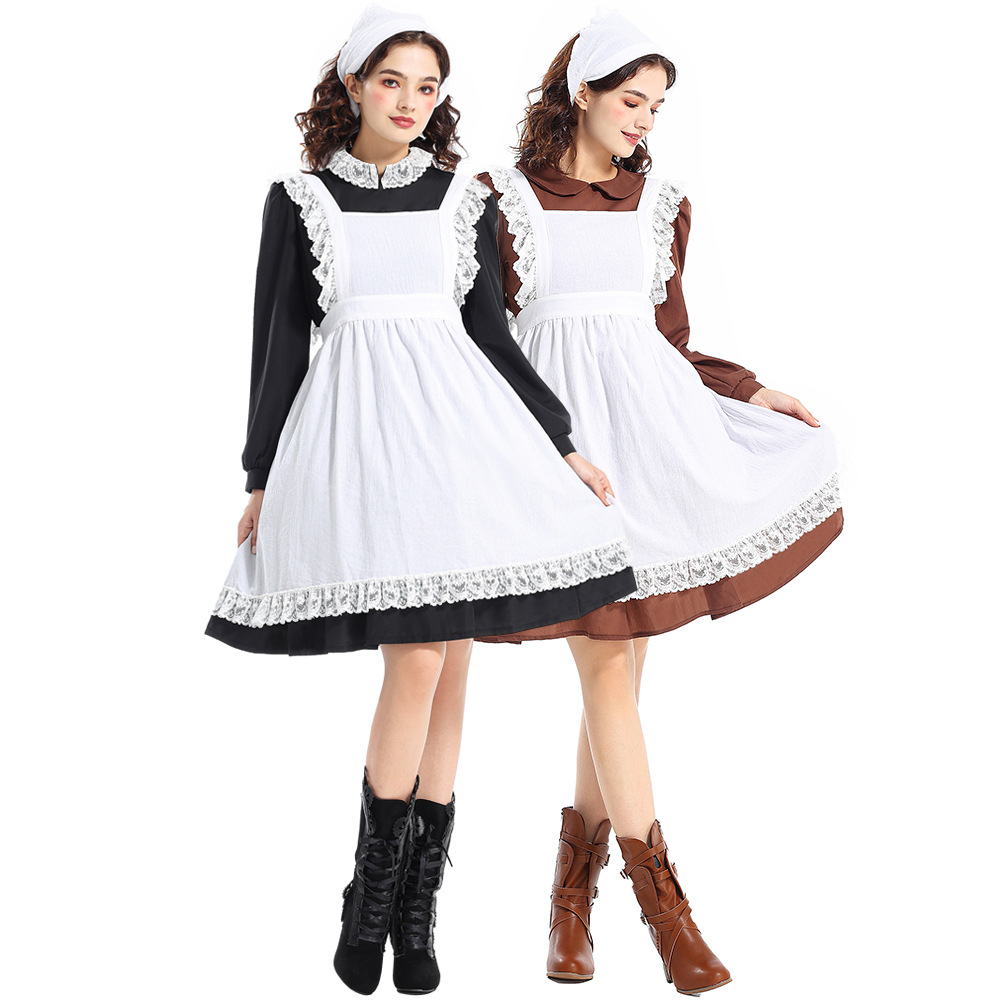 Halloween Costume Adult Women's French Manor Maid New Brown Retro Peter Pan Collar Maid Outfit
