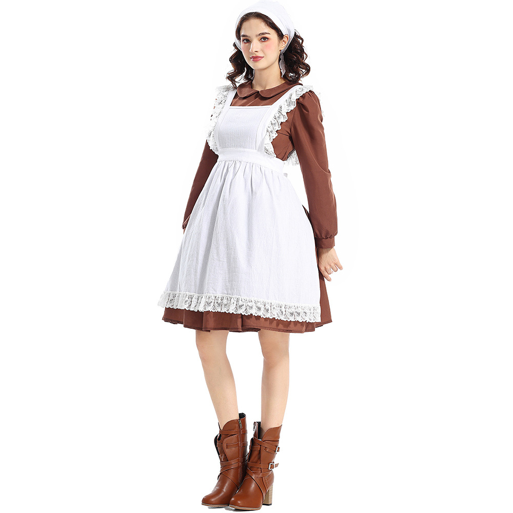 Halloween Costume Adult Women's French Manor Maid New Brown Retro Peter Pan Collar Maid Outfit